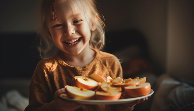 Nettes blondes Mädchen, das drinnen mit der Familie eine Mahlzeit genießt, die von KI generiert wird