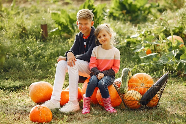 Nettes childresn, das auf einem Garten nahe vielen Kürbisen sitzt