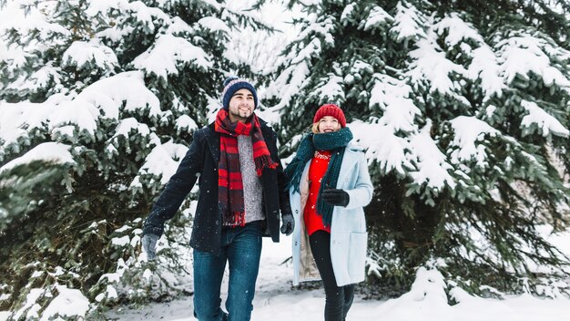 Nettes laufendes Paar im Winterholz