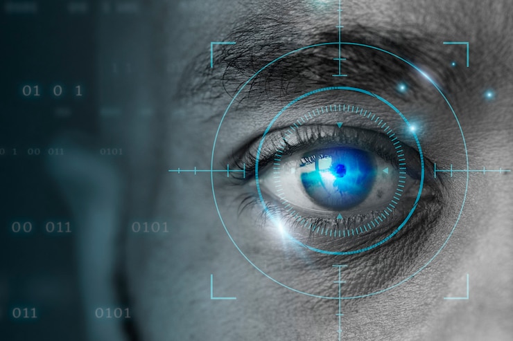 Kostenlose Foto netzhautbiometrie-technologie mit digitalem remix für das auge des menschen