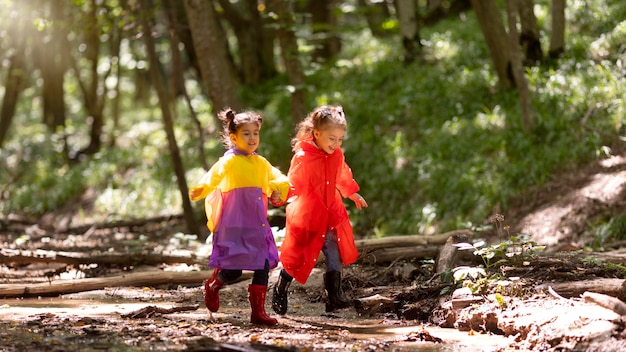 Neugierige Kinder bei einer Schatzsuche im Wald