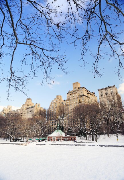 New York City Manhattan Central Park im Winter mit Schnee und Skyline der Stadt mit Wolkenkratzern, blauer bewölkter Himmel.
