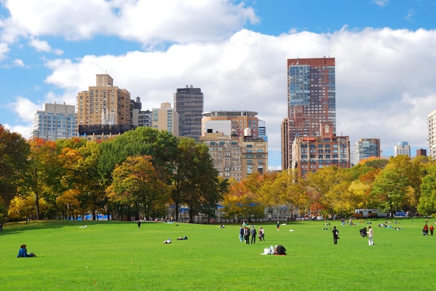 New York City Manhattan Skyline Panorama gesehen vom Central Park mit Wolken und blauem Himmel und Menschen im Rasen.