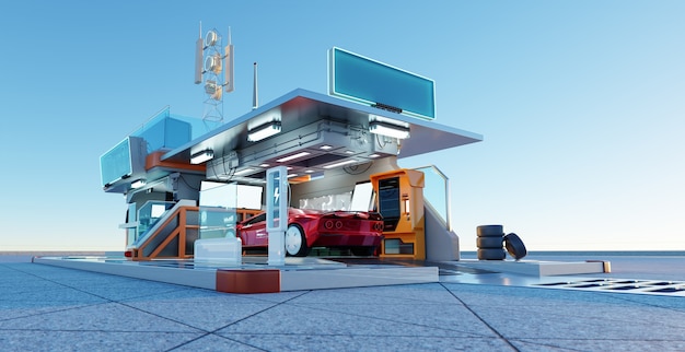 Nicht vorhandener markenloser roter sportwagen mit generischem konzept in der futuristischen garage. 3d-rendering