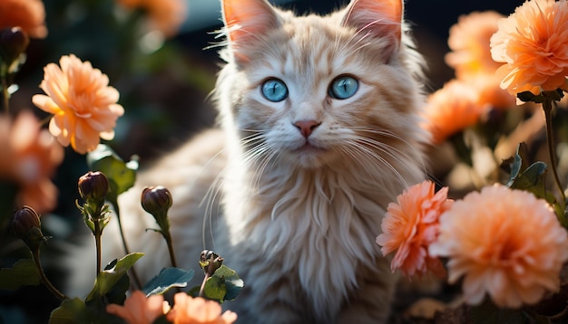 Niedliche Hauskatze, Naturschönheit, verspieltes Kätzchen, flauschiges Fell, Wiese, Sonnenlicht, erzeugt durch künstliche Intelligenz