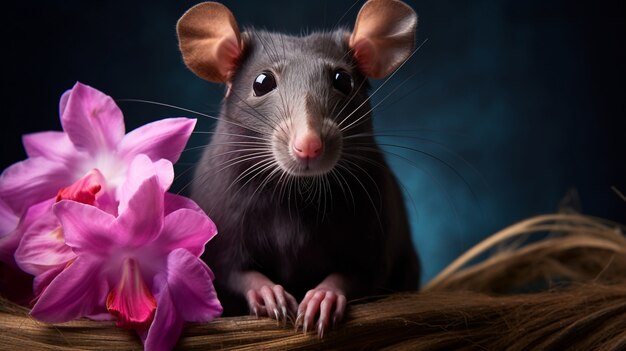 Niedliche Ratte mit Blumen im Studio