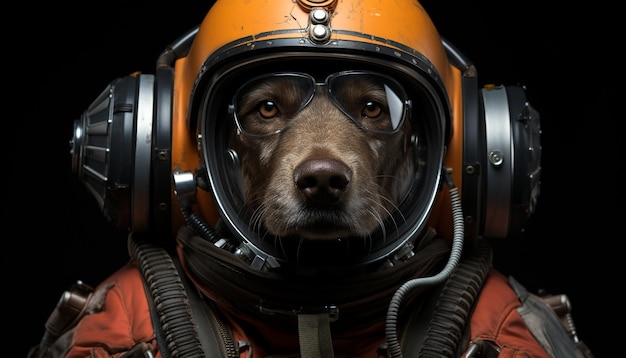 Kostenloses Foto niedlicher bulldoggenwelpe mit motorradhelm blickt in die von künstlicher intelligenz erzeugte kamera