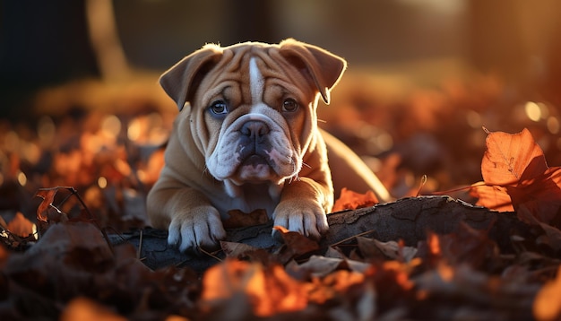 Kostenloses Foto niedlicher bulldoggenwelpe sitzt im herbstgras und blickt in die durch künstliche intelligenz erzeugte kamera