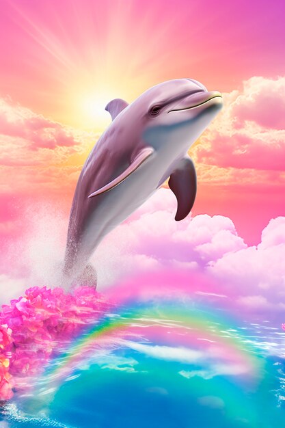 Niedlicher Delphin springt aus dem Wasser in der Nähe des Regenbogens
