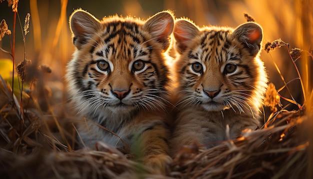 Kostenloses Foto niedlicher junger tiger, der die schönheit in einer ruhigen naturszene anstarrt, die durch künstliche intelligenz erzeugt wird