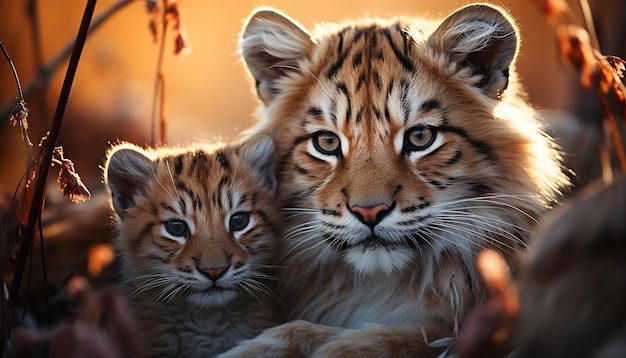 Kostenloses Foto niedlicher junger tiger, der in der natur spielt und in die kamera starrt, erzeugt durch künstliche intelligenz