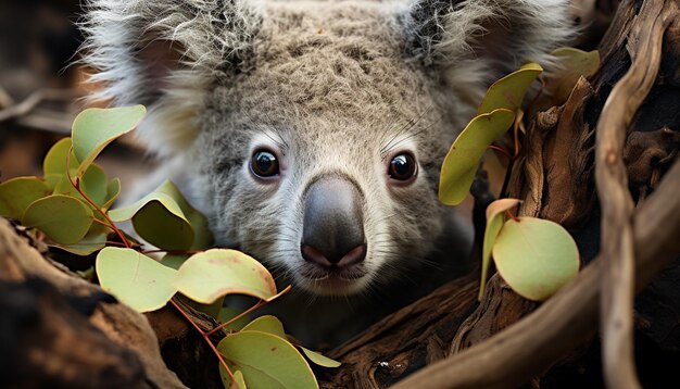 Kostenloses Foto niedlicher koala sitzt auf einem baum und blickt in die von künstlicher intelligenz erzeugte kamera