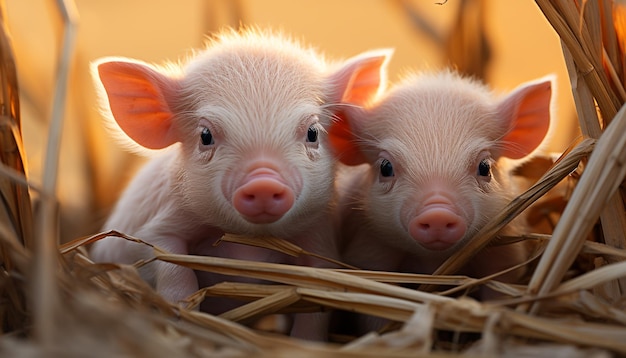 Kostenloses Foto niedliches ferkel auf der schnauze des bauernhofs, das einen jungen vogel betrachtet, der durch künstliche intelligenz erzeugt wird