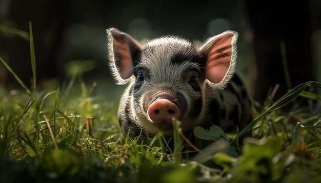 Niedliches Ferkel, das auf einer grünen Wiese weidet, die von KI erzeugt wird