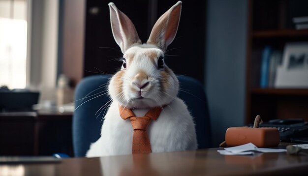 Niedliches, flauschiges Kaninchen, das auf einem von KI generierten Holztisch sitzt