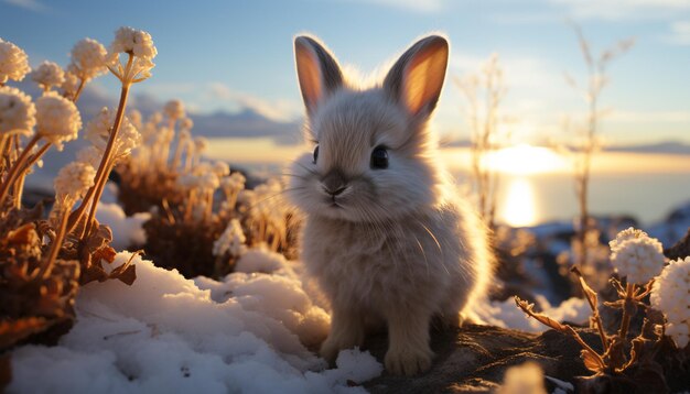 Niedliches, flauschiges Kaninchen, das im Schnee sitzt und den durch künstliche Intelligenz erzeugten Sonnenuntergang genießt