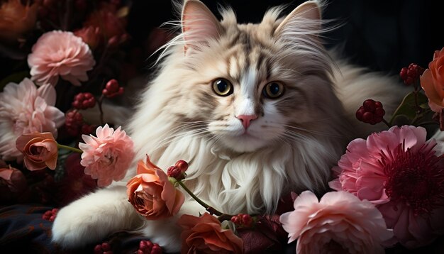Niedliches Kätzchen sitzt da und blickt in die Kamera, umgeben von wunderschönen Blumen, die durch künstliche Intelligenz erzeugt wurden