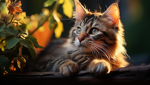 Niedliches Kätzchen sitzt im Gras und blickt in die Kamera im Freien, die durch künstliche Intelligenz erzeugt wird