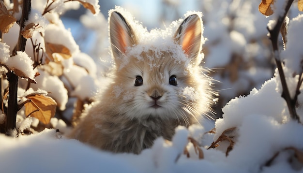 Niedliches Kätzchen spielt im Schnee und blickt in die Kamera, die durch künstliche Intelligenz erzeugt wird