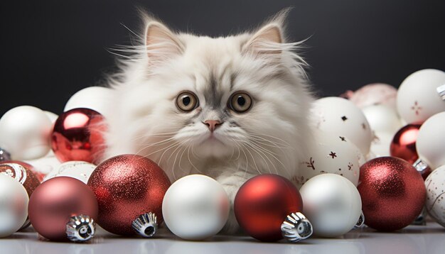 Niedliches Kätzchen spielt mit glänzendem Ball und feiert die Wintersaison, die durch künstliche Intelligenz erzeugt wird