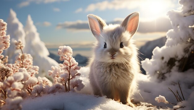 Niedliches Kaninchen sitzt im Schnee und genießt das flauschige Winterfell, das durch künstliche Intelligenz erzeugt wird