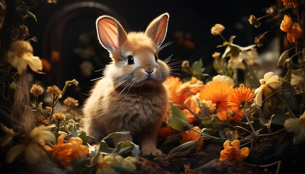 Kostenloses Foto niedliches kaninchenbaby sitzt auf gras, umgeben von blumen, die durch künstliche intelligenz erzeugt wurden