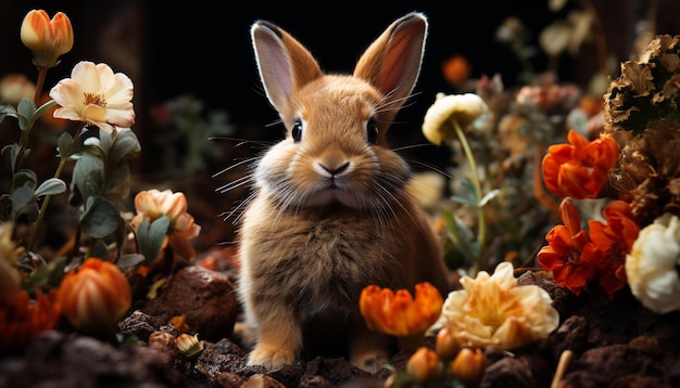 Niedliches Kaninchenbaby sitzt auf Gras und blickt in die durch künstliche Intelligenz erzeugte Kamera