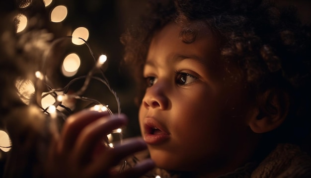 Niedliches Kleinkind mit Geschenk, das am Weihnachtsbaum lächelt, der von KI generiert wurde