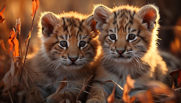 Kostenloses Foto niedliches tigerjunges, das im gras spielt und aufmerksam starrt, erzeugt durch künstliche intelligenz