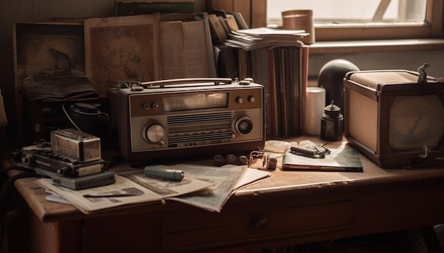 Nostalgischer Schreibtisch mit antiker Schreibmaschine und KI-generiertem Radio