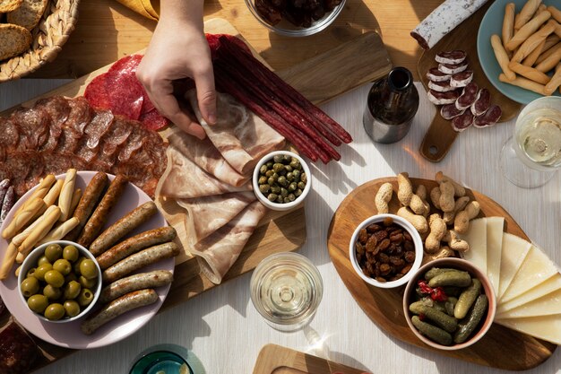 Oben Ansicht köstliche Snacks Anordnung