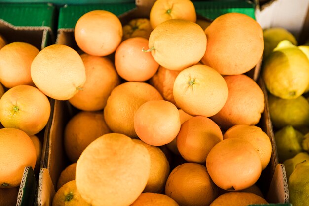 Obenliegende Ansicht der saftigen Orange am Gemischtwarenladenmarkt