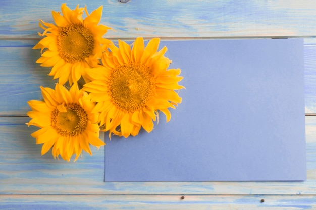 Obenliegende Ansicht von gelben Sonnenblumen auf leerem Papier über dem Holztisch