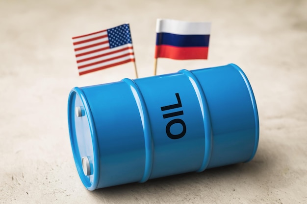 Ölfass auf dem hintergrund der flaggen russlands und amerikas konzept zum thema zusammenarbeit