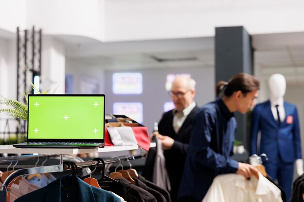 Offener Laptop-Computer mit grünem Chroma-Key-Bildschirm, der auf einem Kleiderständer im Bekleidungsgeschäft steht, Menschen beim Einkaufen im Hintergrund. Software für kleine Einzelhandelsunternehmen und Bestandsverwaltung