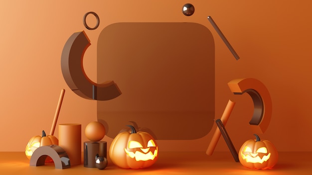 Oktober halloween kürbisse kopf wächst mit geometrischer form mit produktständer mock-up für geschenk auf orangefarbenem hintergrund 3d-rendering