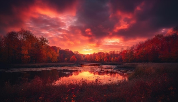 Kostenloses Foto oktober-horizont, von hinten beleuchteter baum, ruhige dämmerungsschönheit, erzeugt durch ki