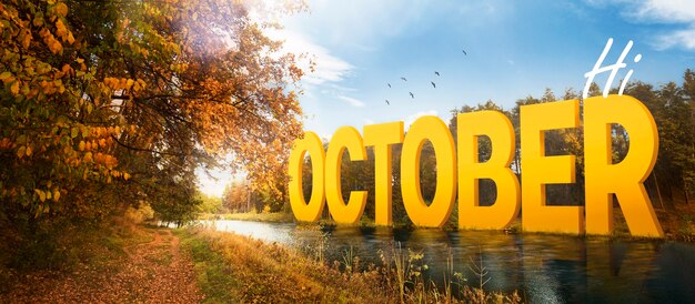 Oktoberlandschaft mit farbigen Herbstblättern