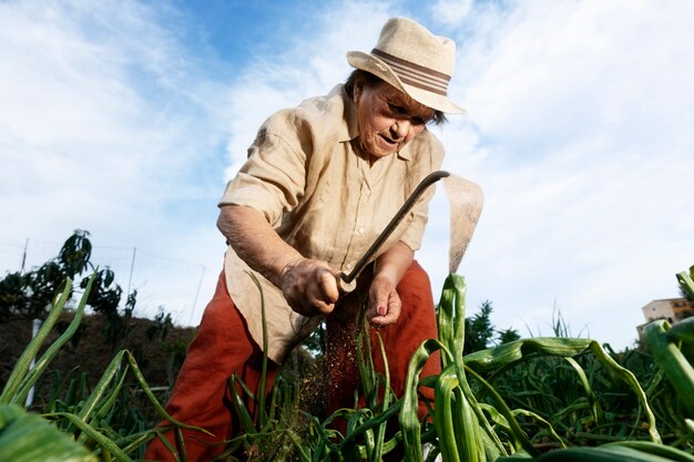 Oma kümmert sich um Pflanzen im Garten