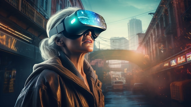 Oma mit VR-Brille in einer futuristischen Stadt