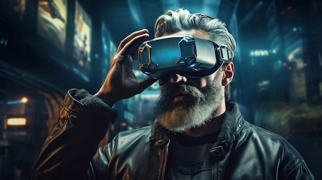 Opa mit VR-Brille in futuristischer Stadt