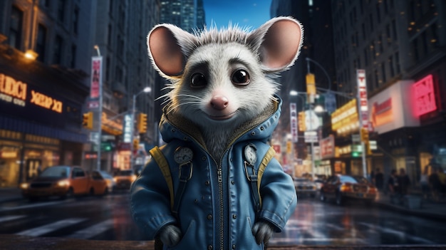 Opossum im futuristischen Stil trägt Kleidung