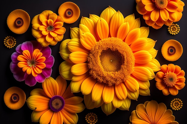 Orangefarbene Blumen mit schwarzem Hintergrund