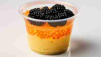 Kostenloses Foto orangengetränk mit kaviar in einem plastikbecher vor weißem hintergrund
