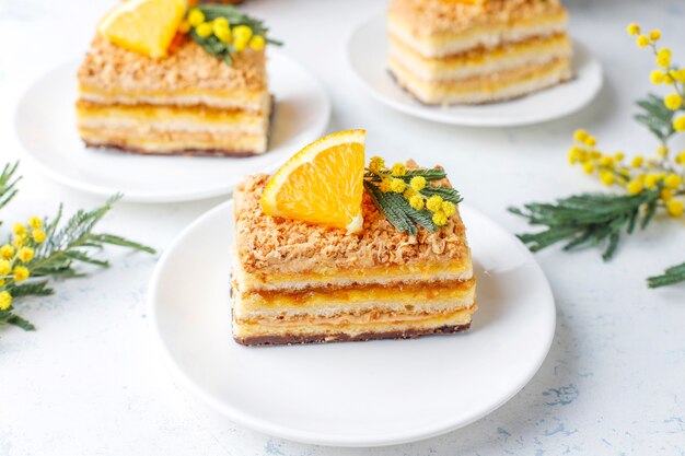 Orangenkuchen dekoriert mit frischen Orangenscheiben und Mimosenblüten auf Licht