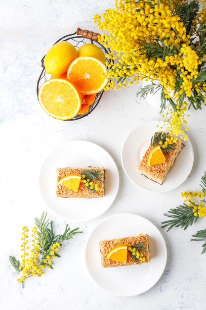 Orangenkuchen dekoriert mit frischen Orangenscheiben und Mimosenblüten auf Licht