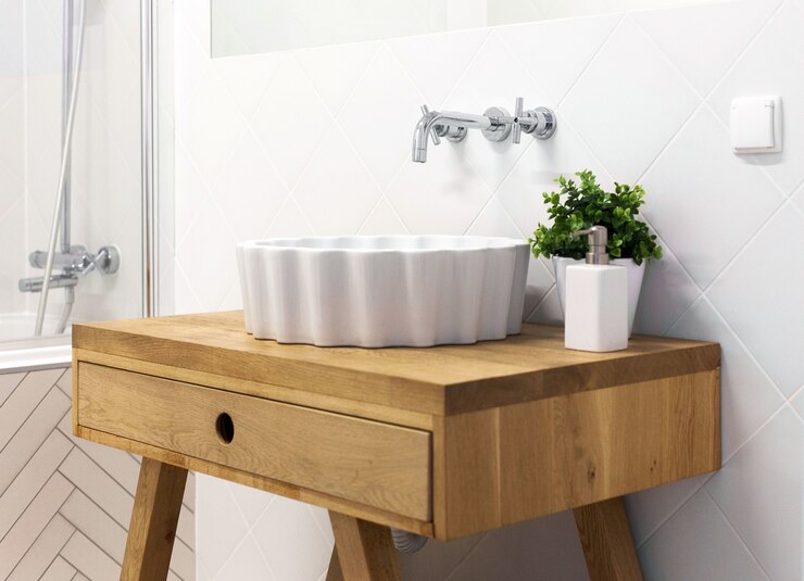Kostenlose Foto ordentliches und modernes waschbecken, dekoriert mit einer vase in einem weißen badezimmer