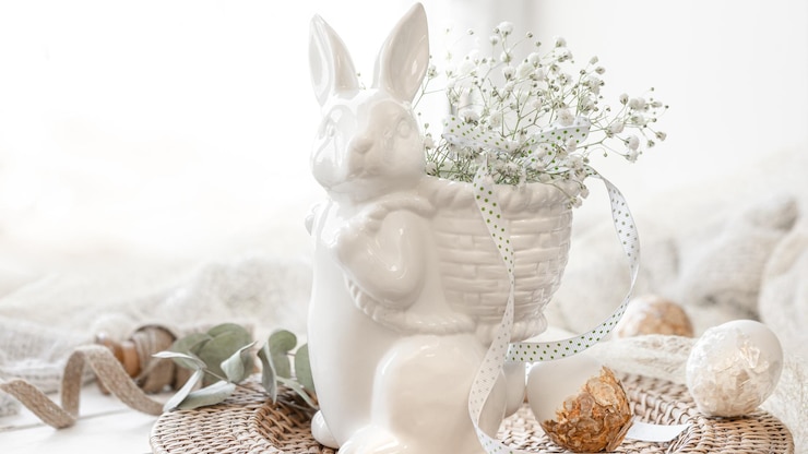 Kostenlose Foto osterkomposition mit einem keramikhase und gypsophila-blüten