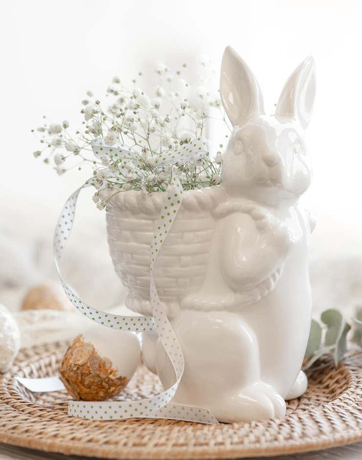 Kostenlose Foto osterkomposition mit einem keramikhase und gypsophila-blüten