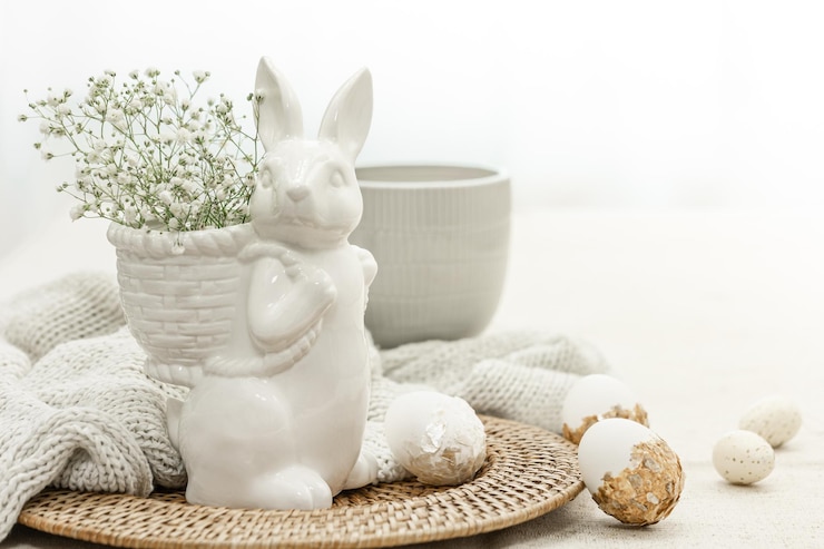 Kostenlose Foto osterkomposition mit einem keramischen hasen und eiern